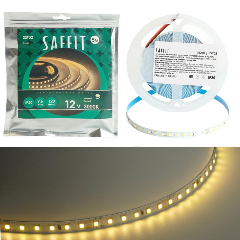 Светодиодная лента SST02 SAFFIT 120SMD(2835)/м 9.6Вт/м 12V 5000*8*1.22мм 3000К, 5м