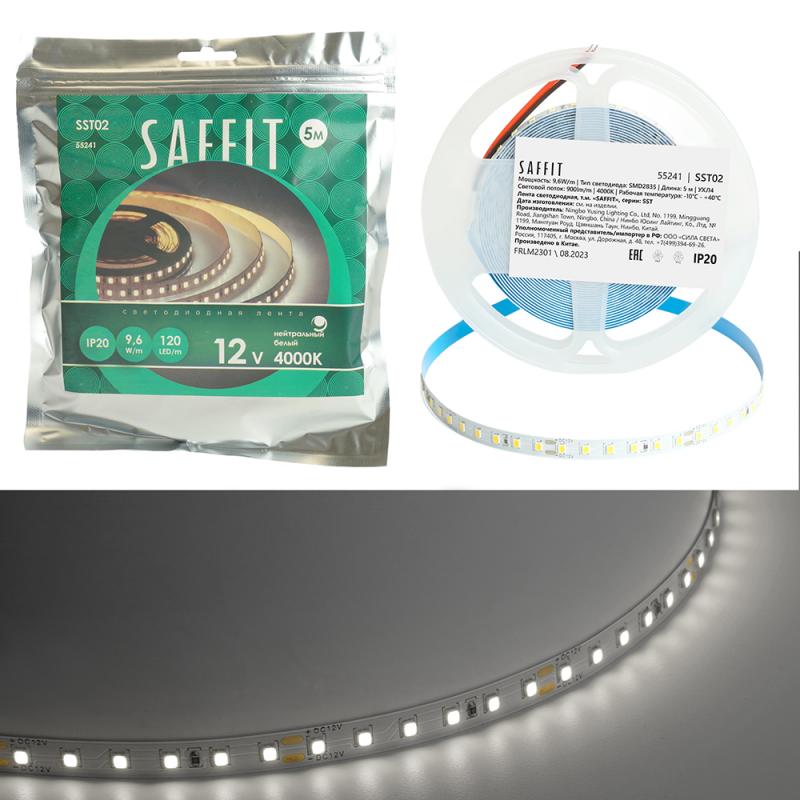 Светодиодная лента SST02 SAFFIT 120SMD(2835)/м 9.6Вт/м 12V 5000*8*1.22мм 4000К, 5м