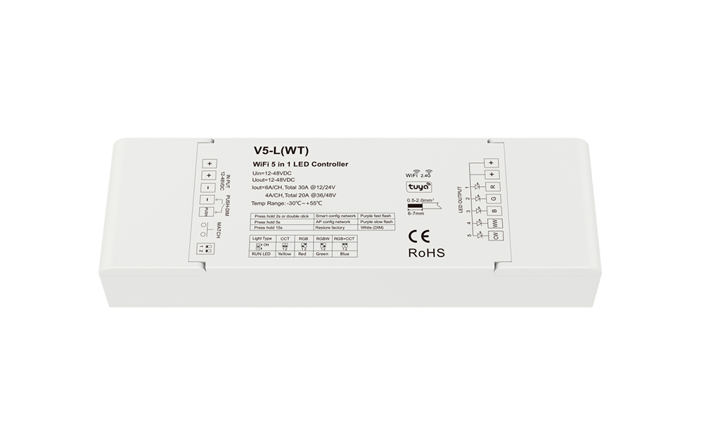 Контроллер 5в1 V5L 30A Одноцв.,CCT,RGB,RGBW,RGB+CCT RF WiFi Tuya DC12-48V