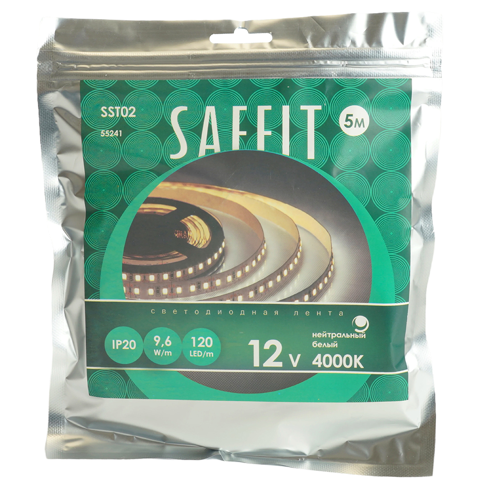 Светодиодная лента SST02 SAFFIT 120SMD(2835)/м 9.6Вт/м 12V 5000*8*1.22мм 4000К, 5м