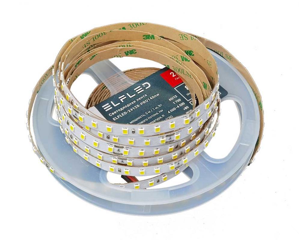 Светодиодная лента 5м ELFLED PRO140 2835/128 WW 2800-3300К 24В 8мм IP20 12Вт/м 