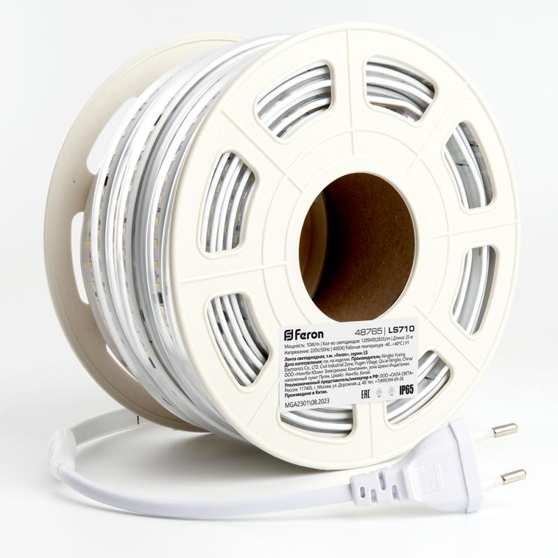 Светодиодная лента 120SMD(2835)/м 10Вт/м 220V длина 25м, 6500K, IP65, FERON LS710