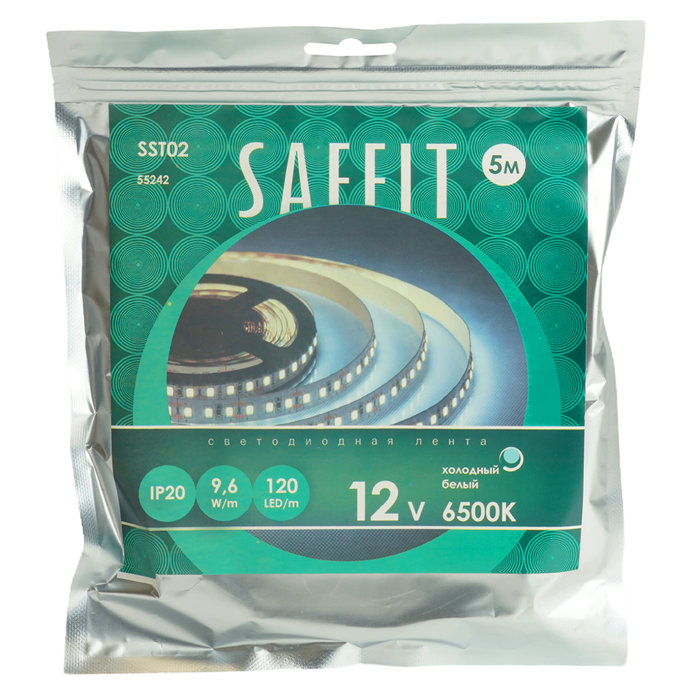 Светодиодная лента SST02 SAFFIT 120SMD(2835)/м 9.6Вт/м 12V 5000*8*1.22мм 6500К, 5м